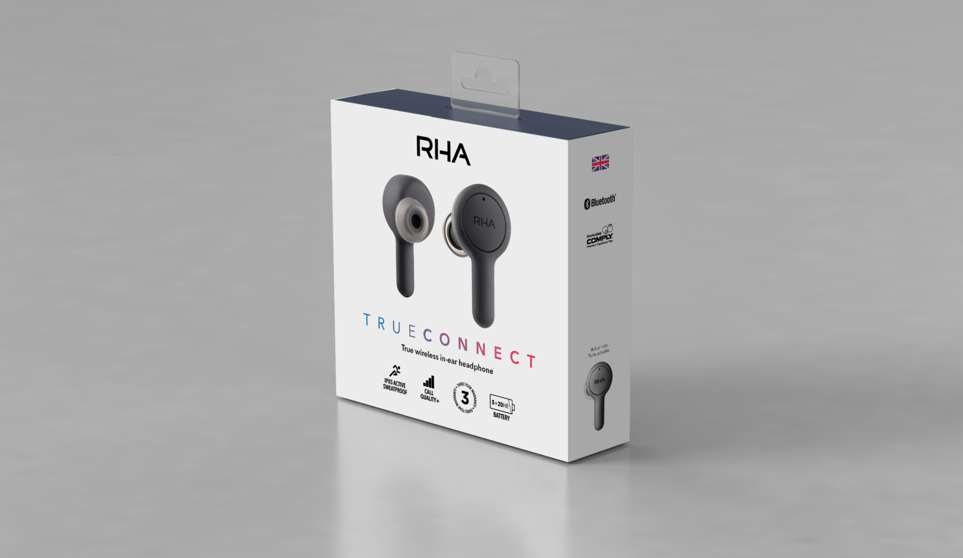 RHA TrueConnect: Image of the packaging on a grey background.