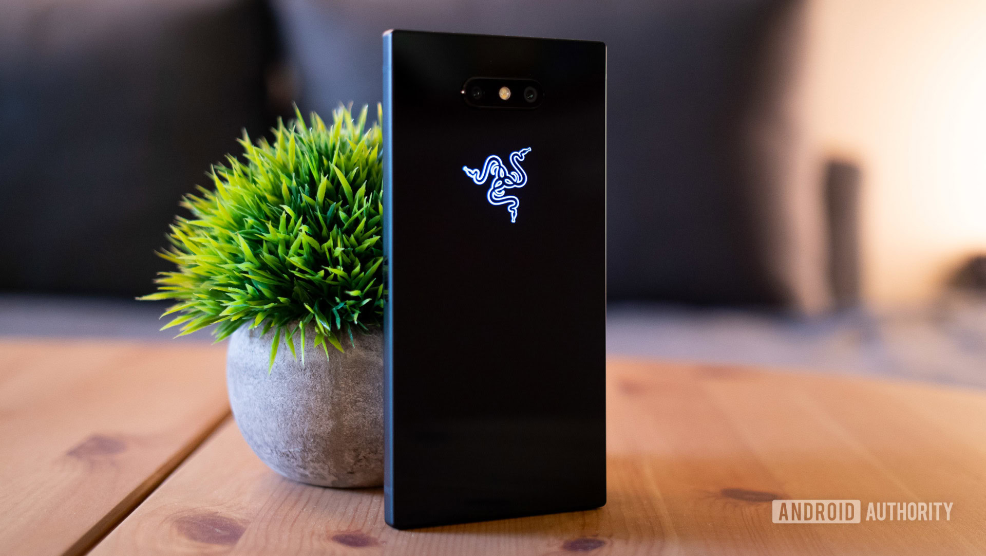 Back side view of the Razer Phone 2 standing next to a plant.