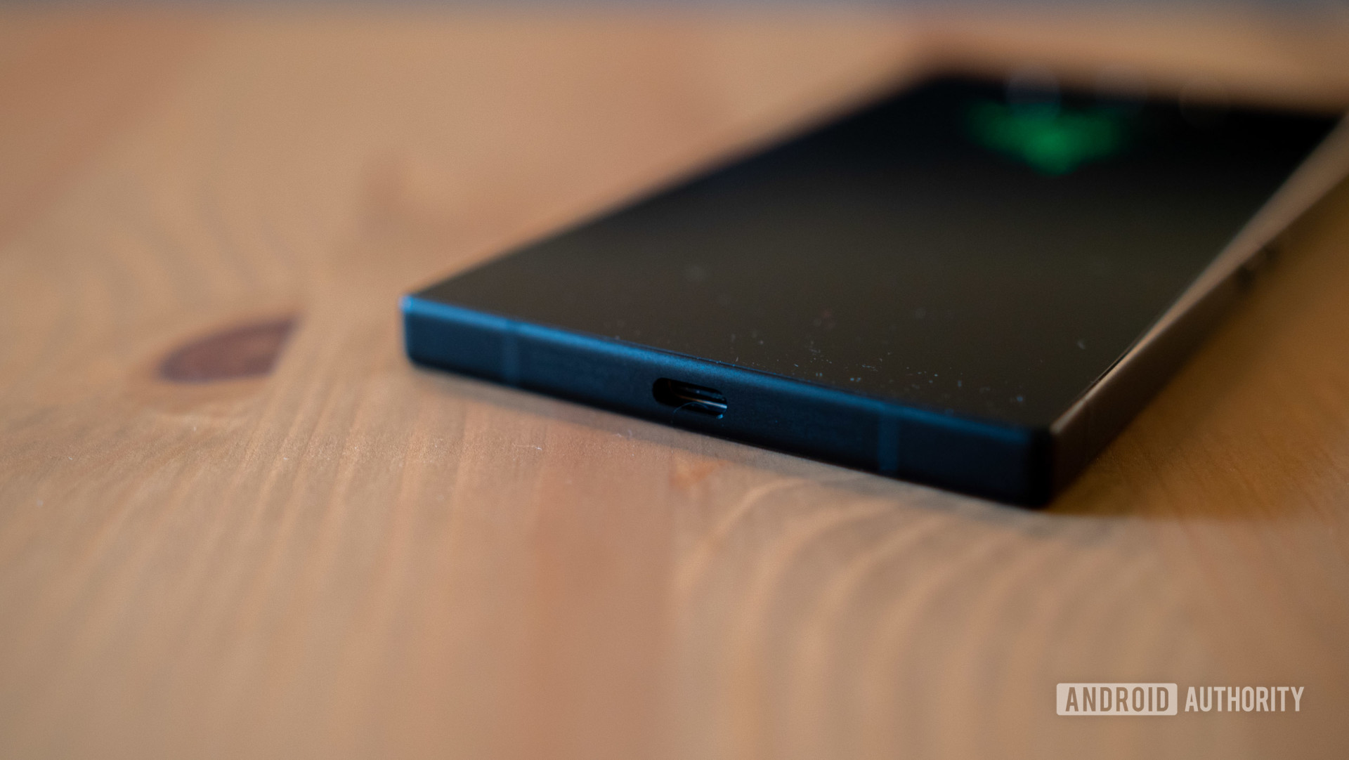 Bottom view of the Razer Phone 2 focusing on the USB Type-C port.