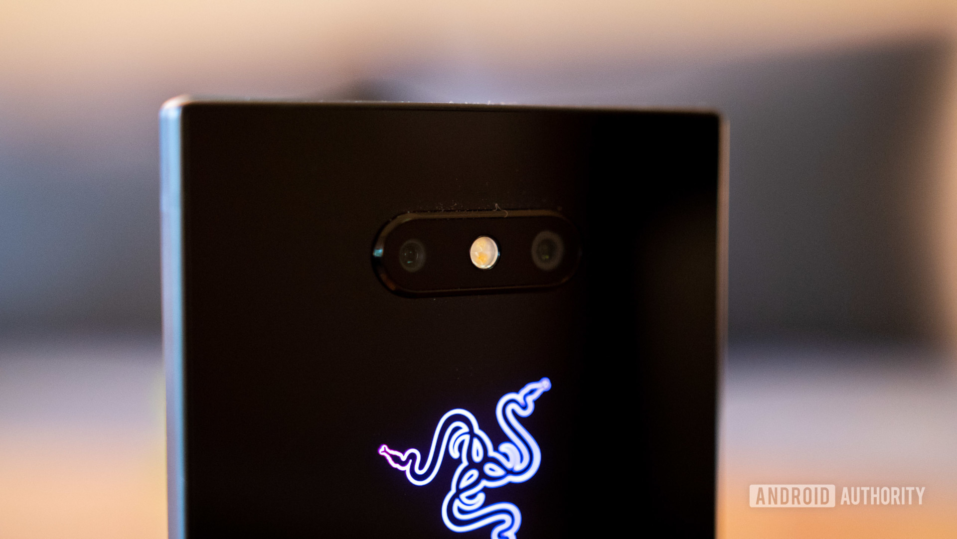 Upper back side view of the Razer Phone 2 focusing on the dual camera setup.