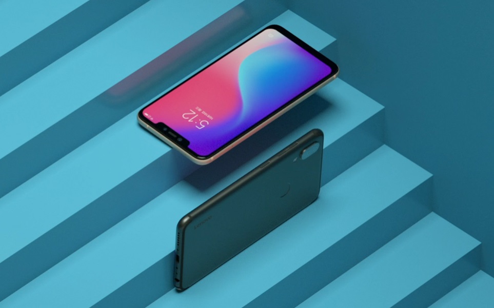 Lenovo S5 Pro smartphone renders on a blue staircase. 