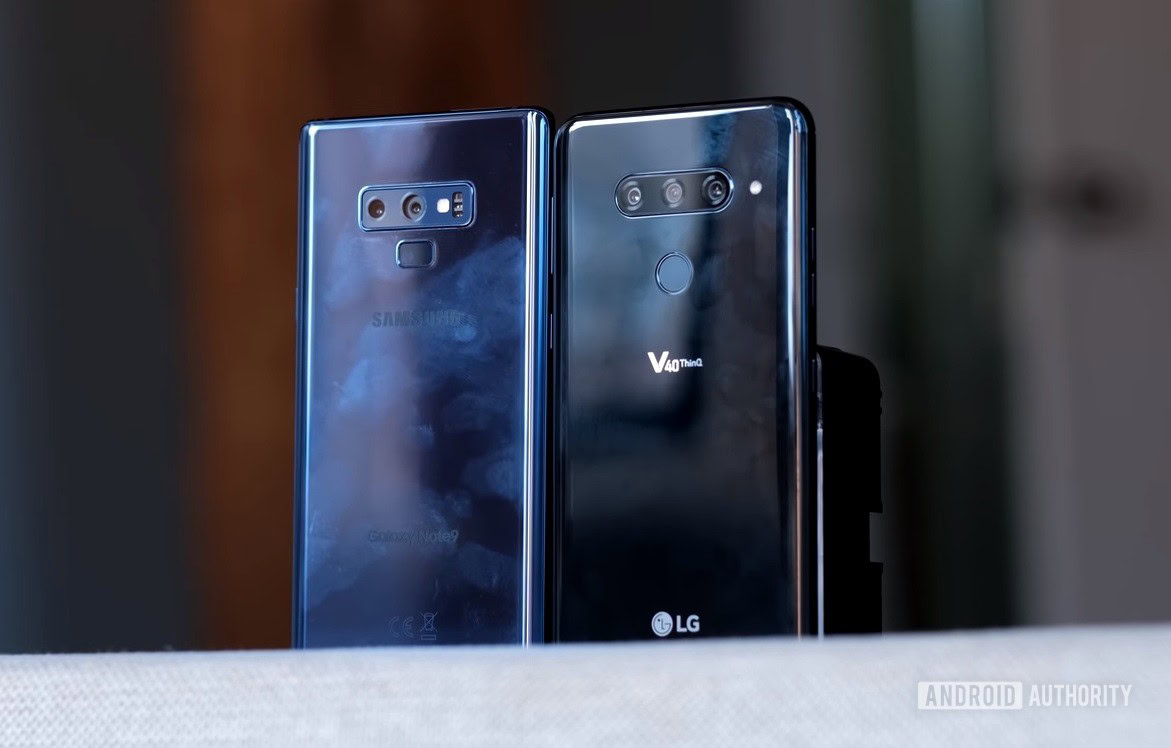 Best sounding phone: The LG V40 ThinQ and the Samsung Galaxy Note 9 standing next to each other on a shelf.