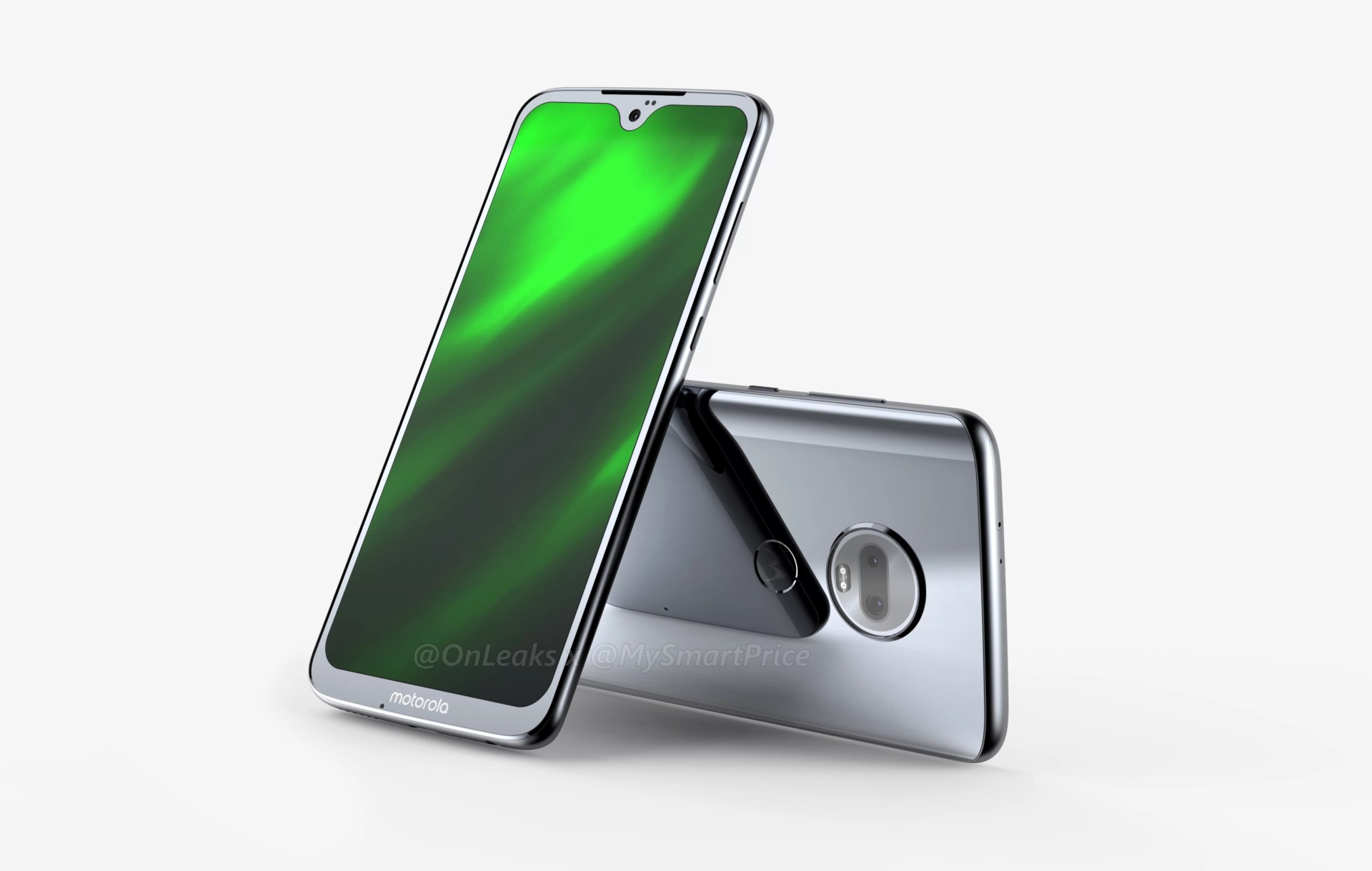 Moto G7 render images of the device in silver with a green display.