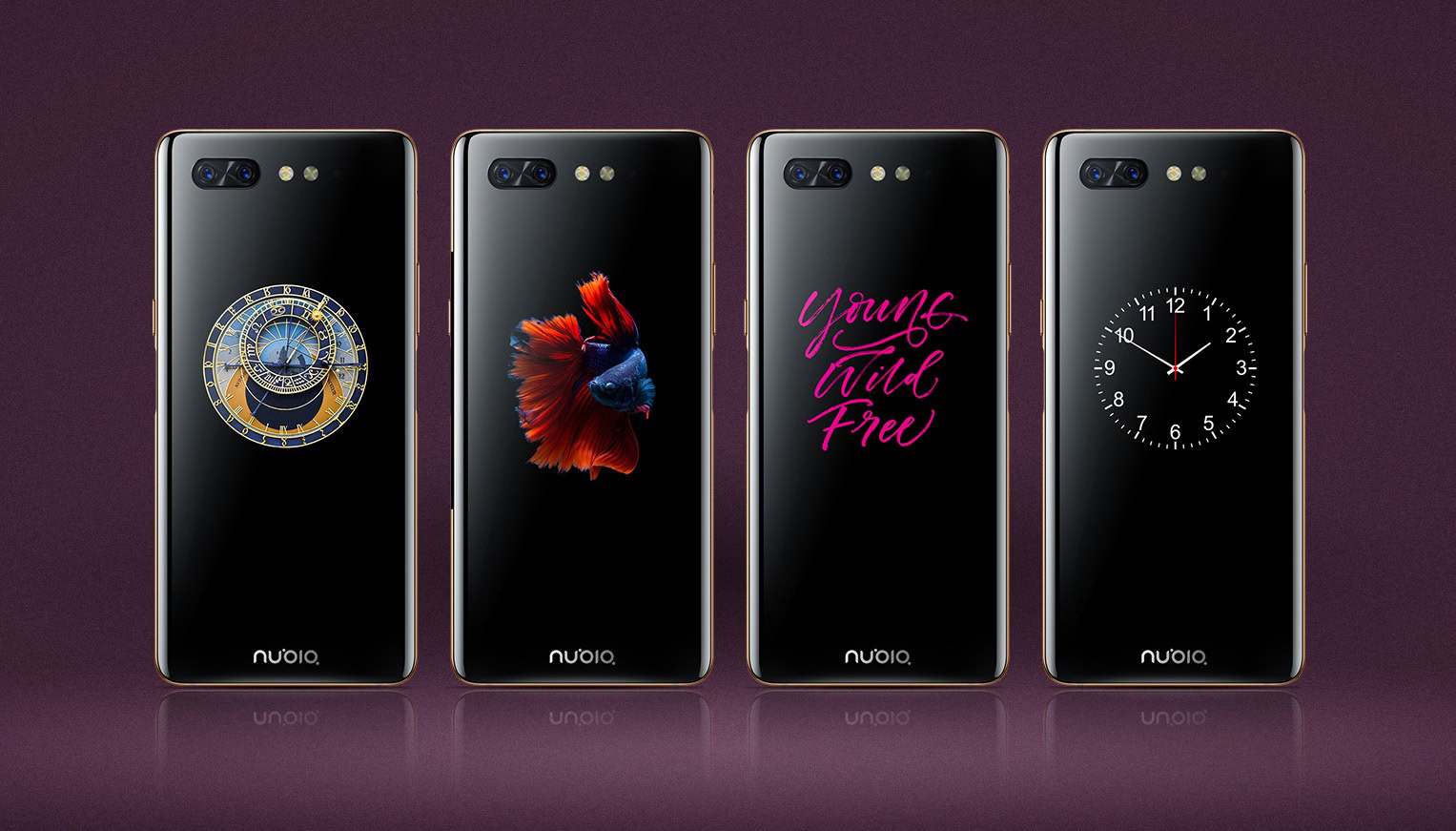 The nubia X smartphone on a purple background.