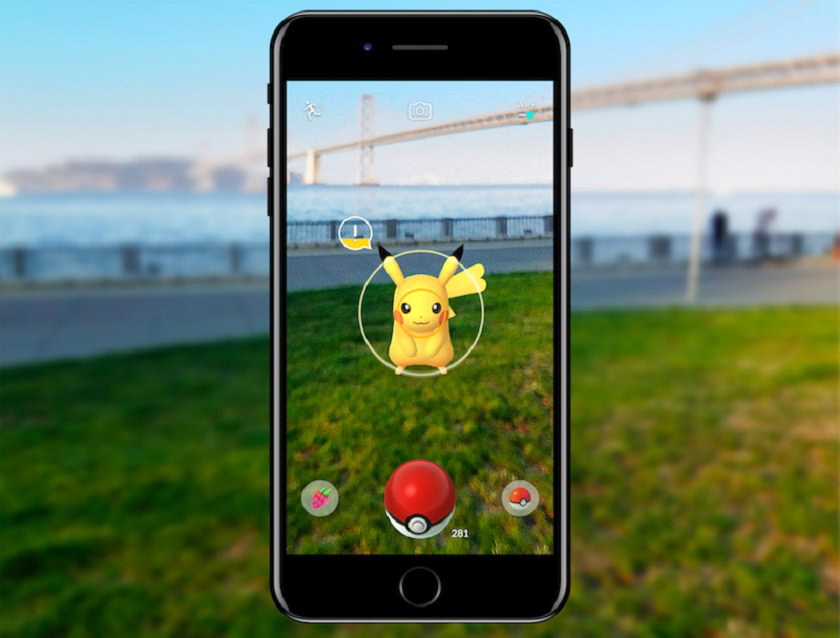 Pokemon Go render image of a Pikachu inside a smartphone viewfinder.