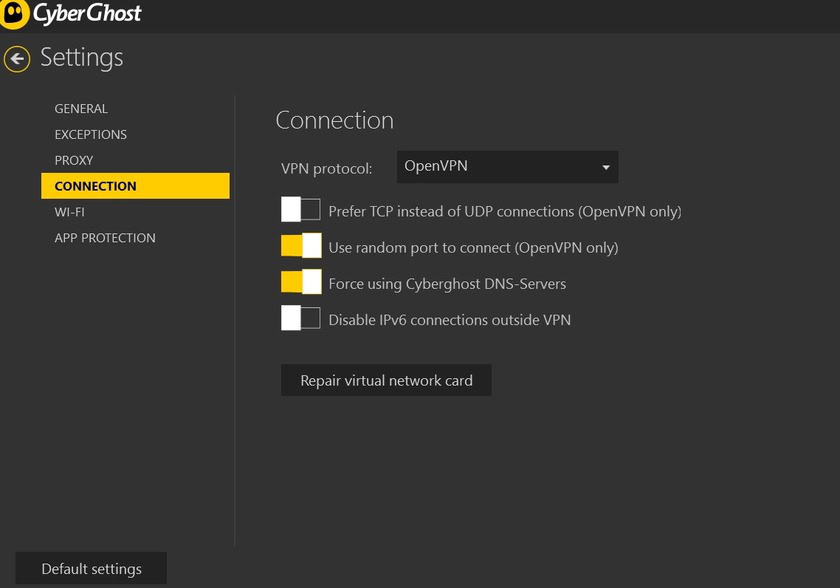 cyberghost vpn windows app settings menu