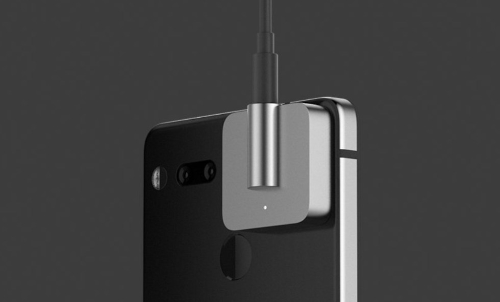 A publicity image of the unreleased Essential Phone Audio Adapter HD.