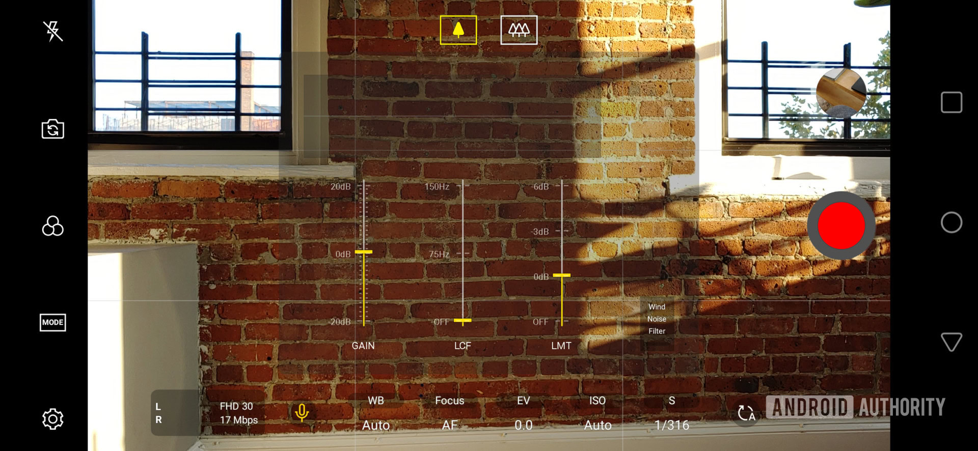 Audio sliders in the LG V40 ThinQ camera app.