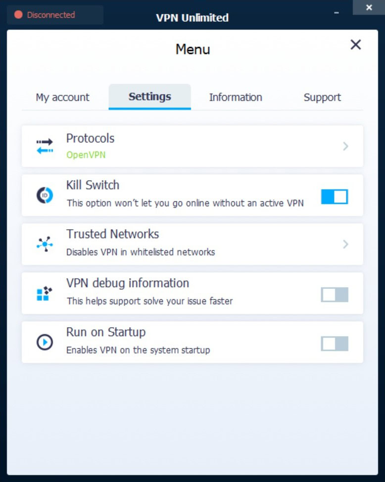 vpn unlimited settings menu