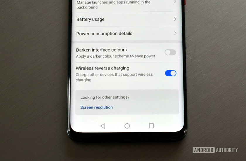 Screenshot of HUAWEI Mate 20 Pro Reverse Wireless Charging toggle