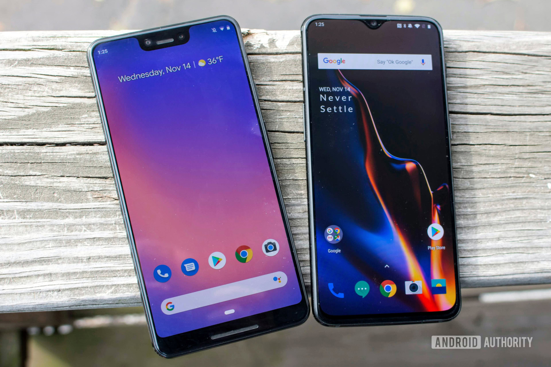 The OnePlus 6T next to the Google Pixel 3 XL.