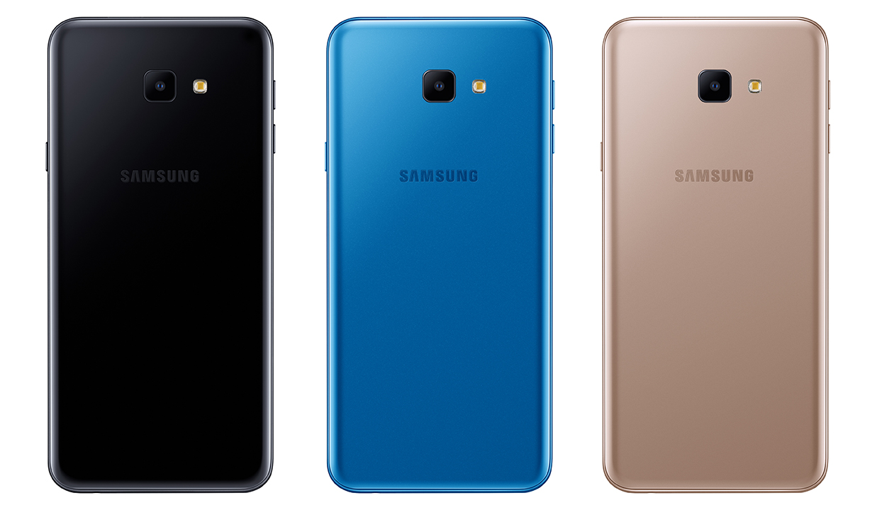 Three images of the Samsung Galaxy J4 Core in black, blue, and gold.