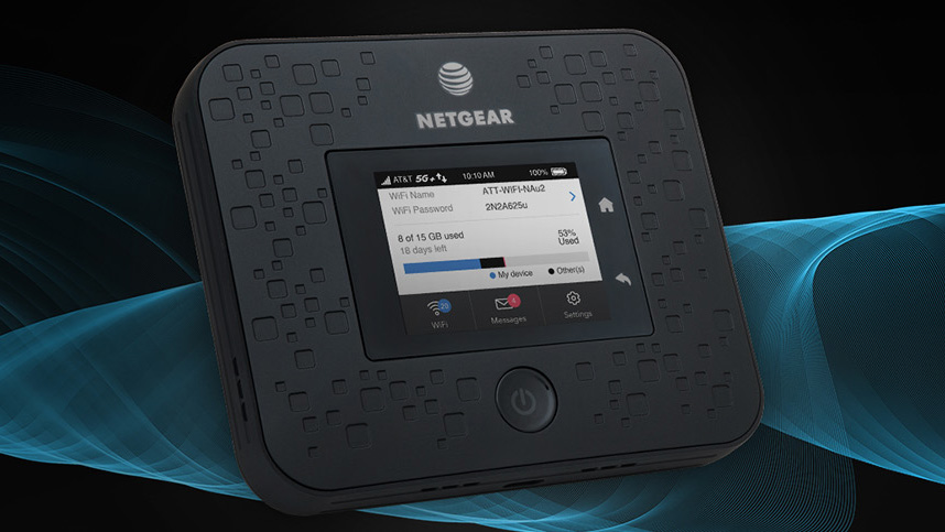 A promotional image of the AT&amp;T 5G Hotspot, made by NETGEAR.