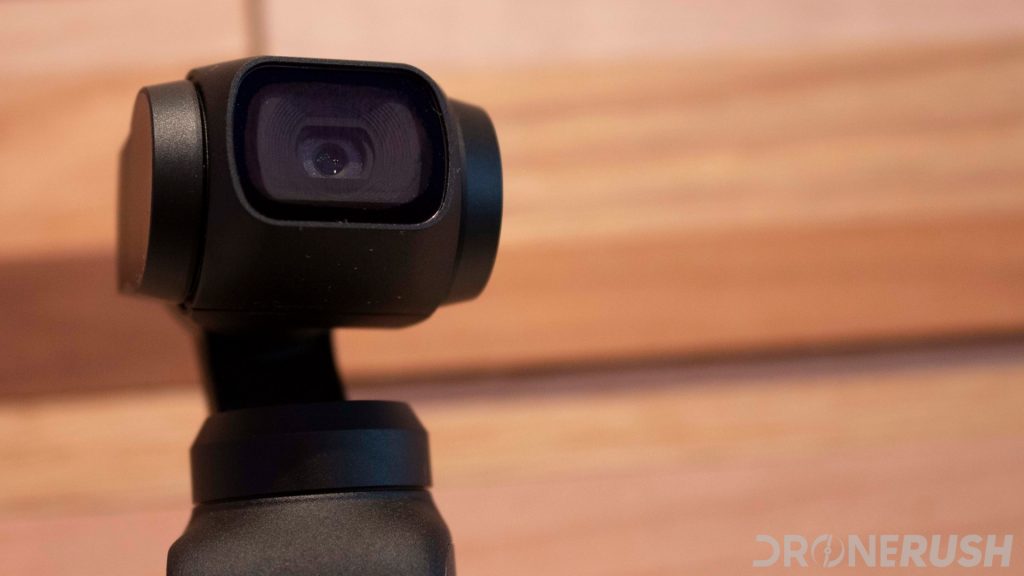 A closeup of the camera on top of the DJI Osmo Pocket.