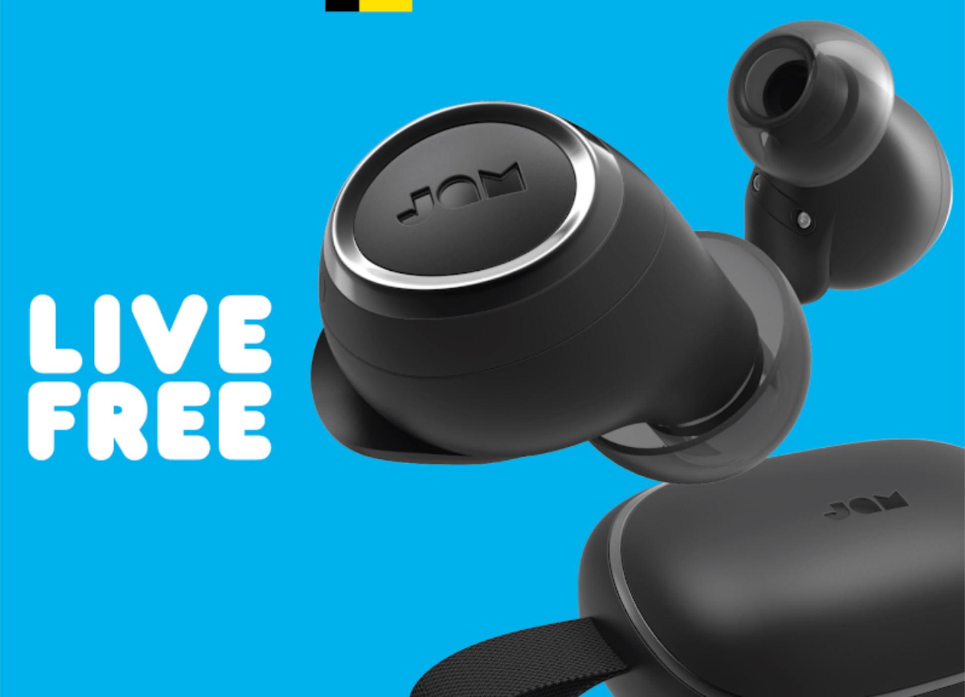 Promo image of the Jam Live Free true wireless earbuds on a blue background. The charging case is pictured in the bottom right corner of the image.