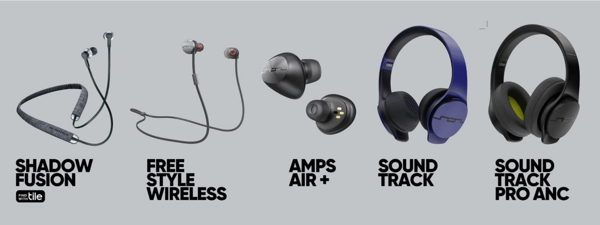 Sol Republic new wireless lineup from CES 2019 product image on gray background.