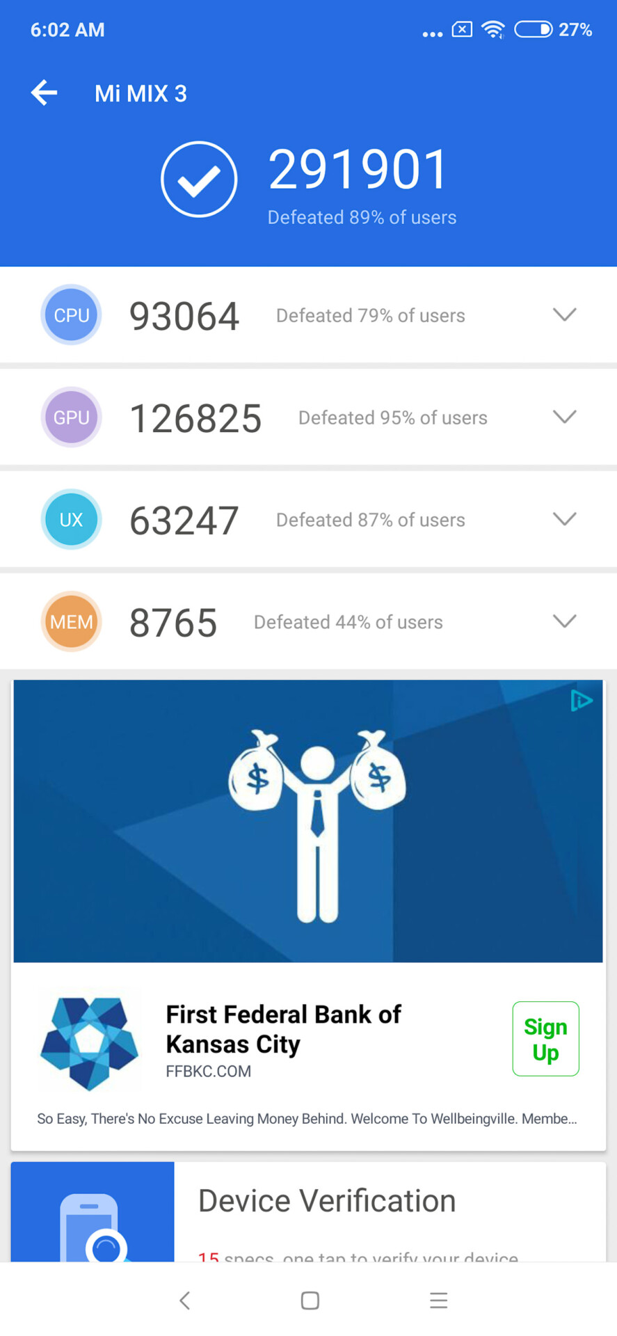 Screenshot of the Xiaomi Mi Mix 3 benhmark result