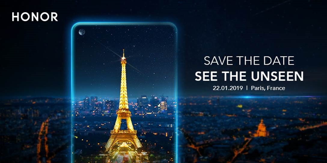 An HONOR press invite to a smartphone launch showing a night-time Paris scene inside a smartphone.
