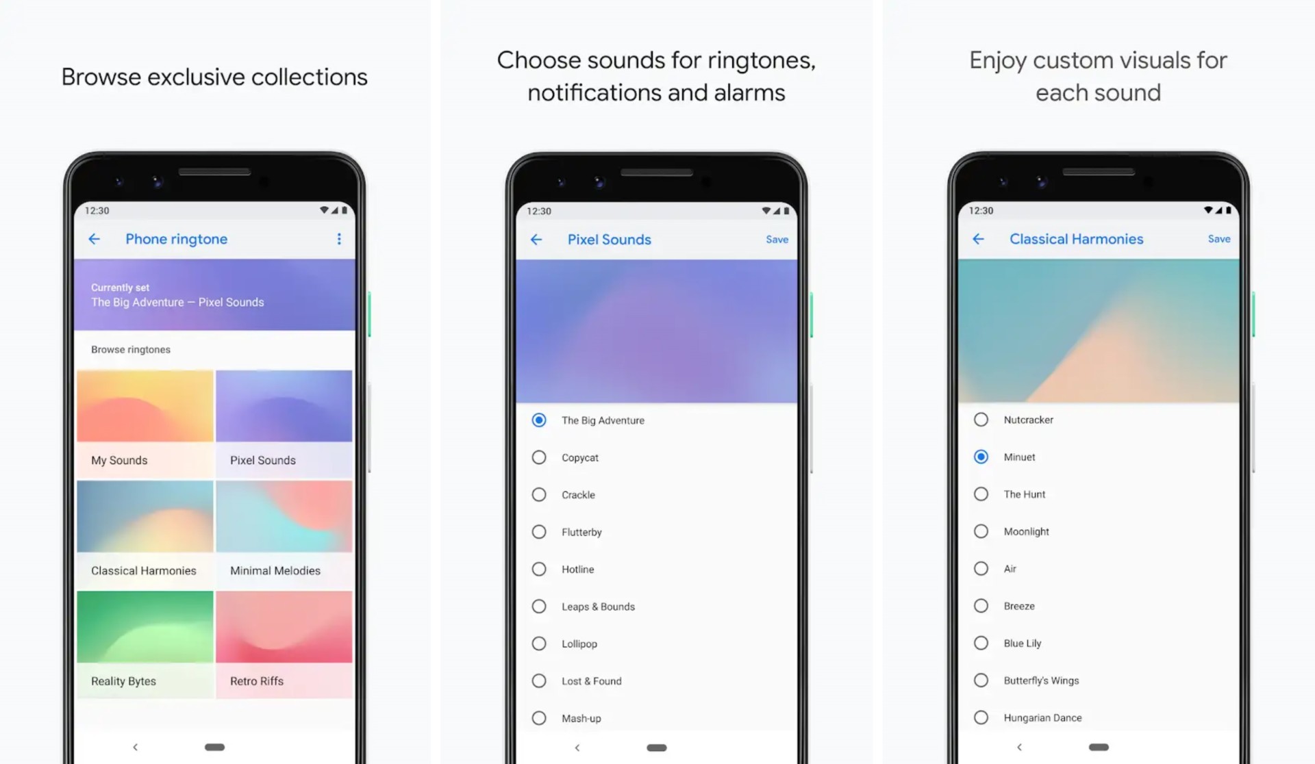Three Google Sounds app screenshots.