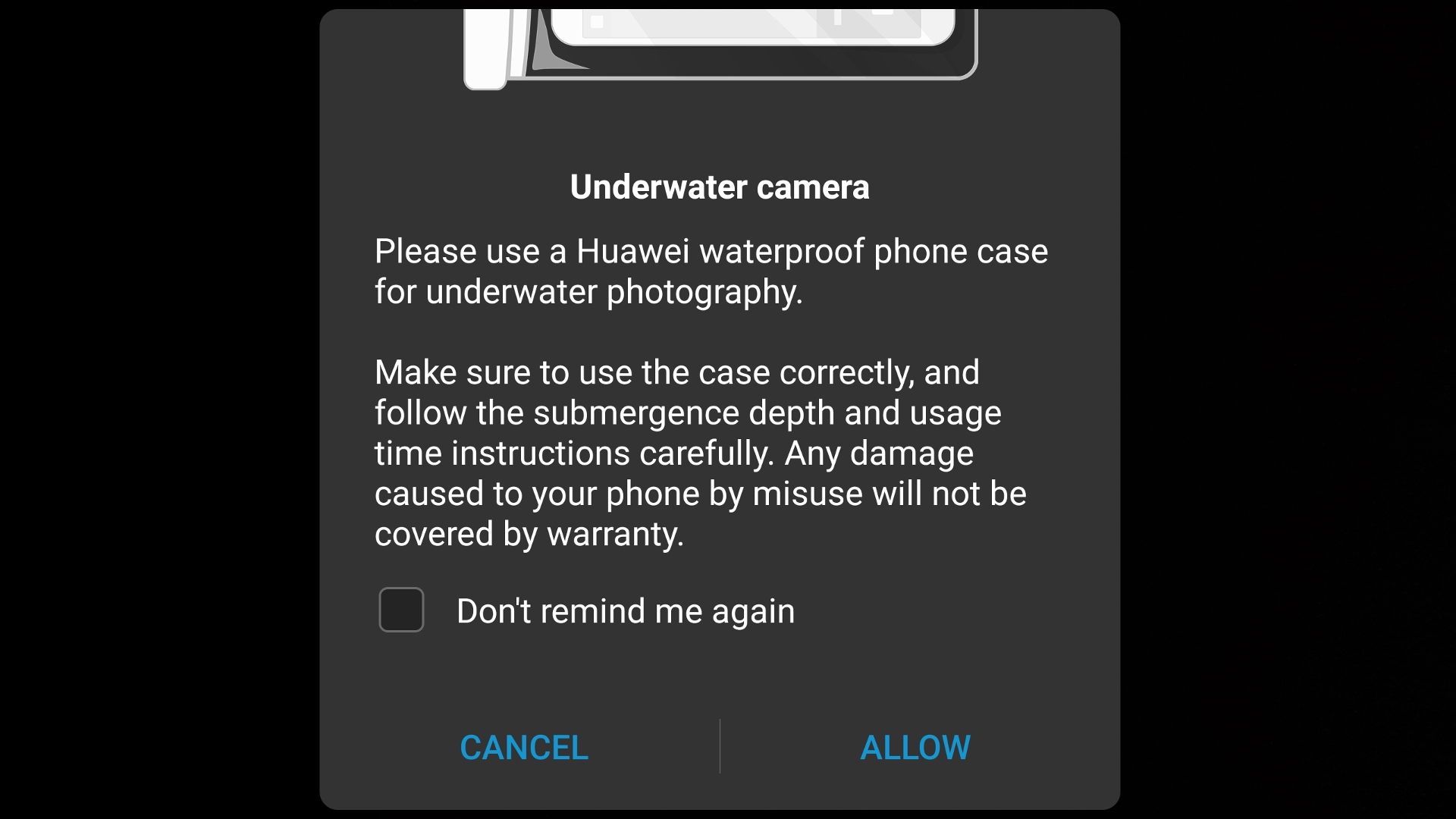 A warning in the Huawei camera app when activating underwater mode.