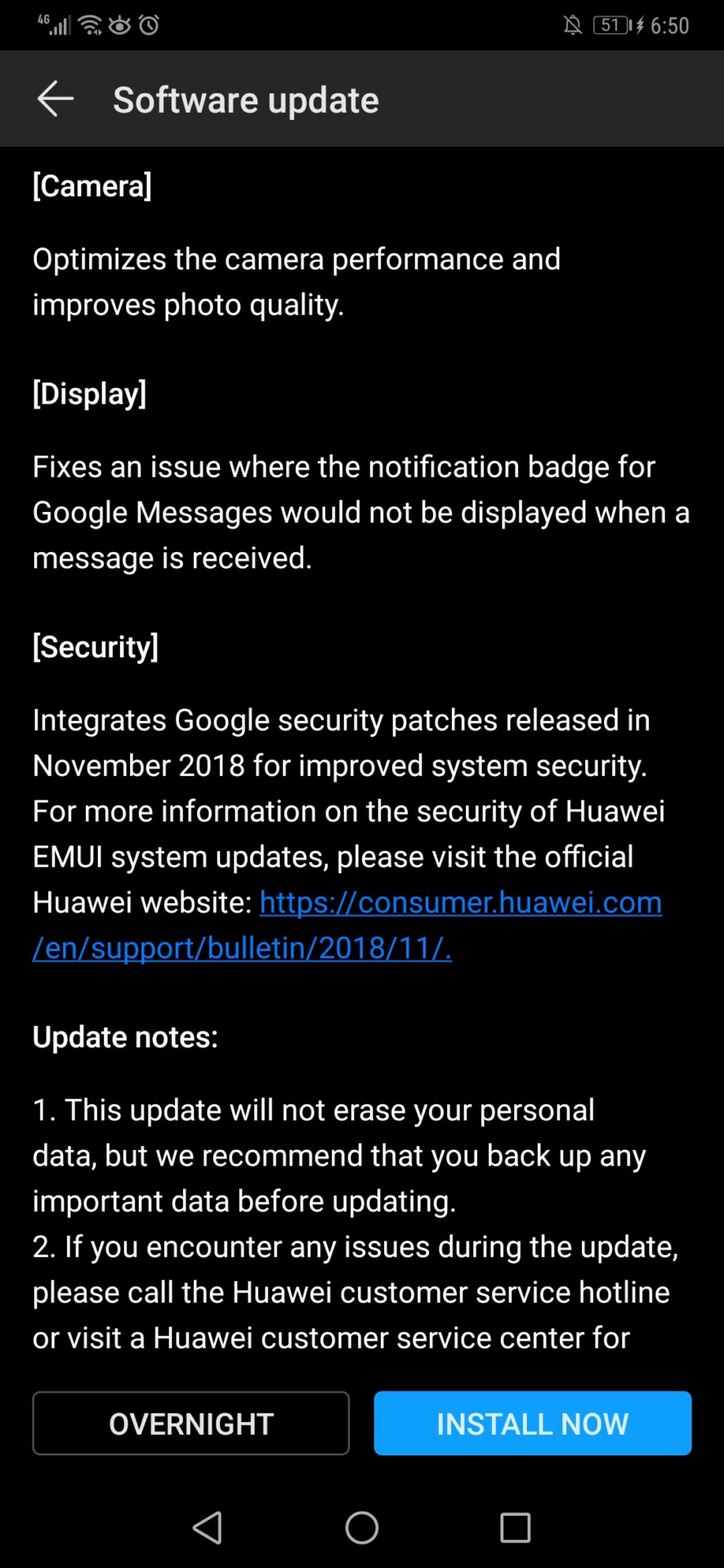 A Mate 20 Pro system update notification.
