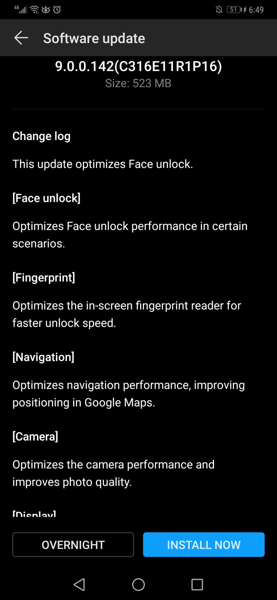 A Mate 20 Pro system update notification.