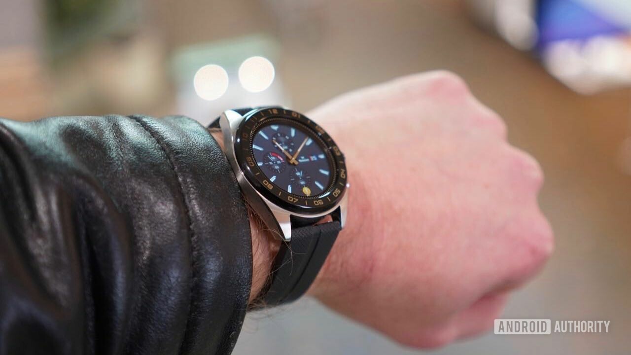 LG W7 smartwatch review on wrist illuminated