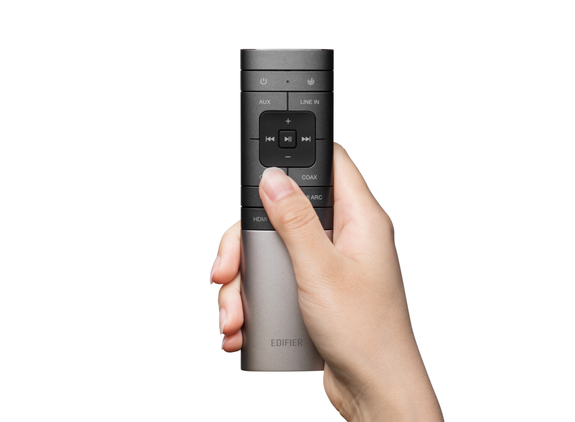 Product image of Edifier remote in silver. The remote is held in a woman's hand against a white background.