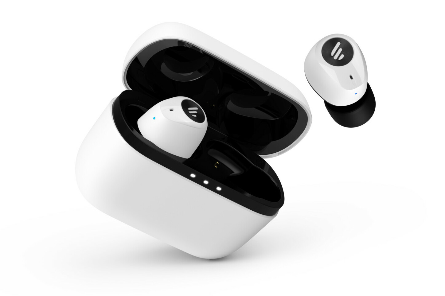 Edifier TWS2 in white product image with one earbud floating above the charging case while the other is inserted.