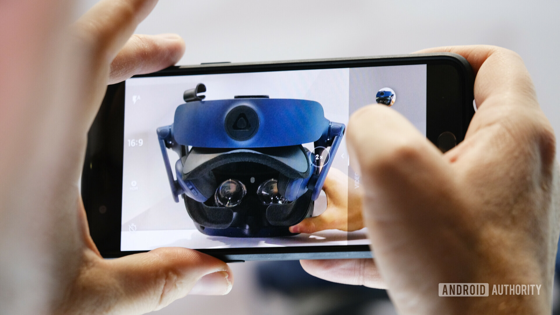 HTC Vive Pro Eye VR headset seen through smartphone