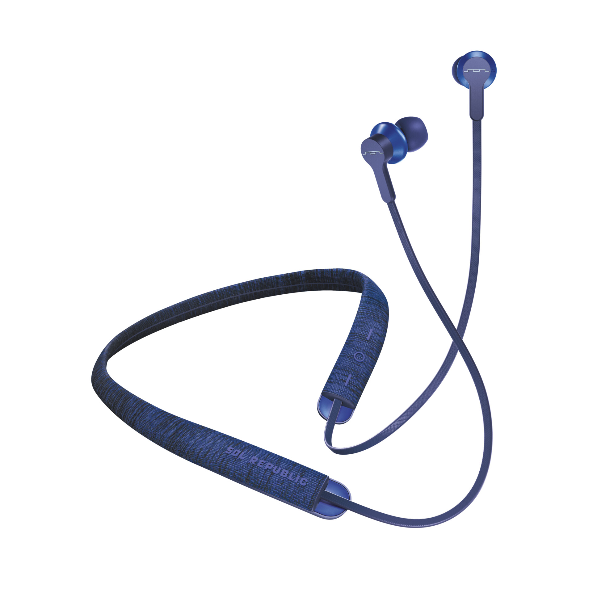 Sol Republic Shadow Fusion with Tile wireless neckband earbuds in blue on white background.