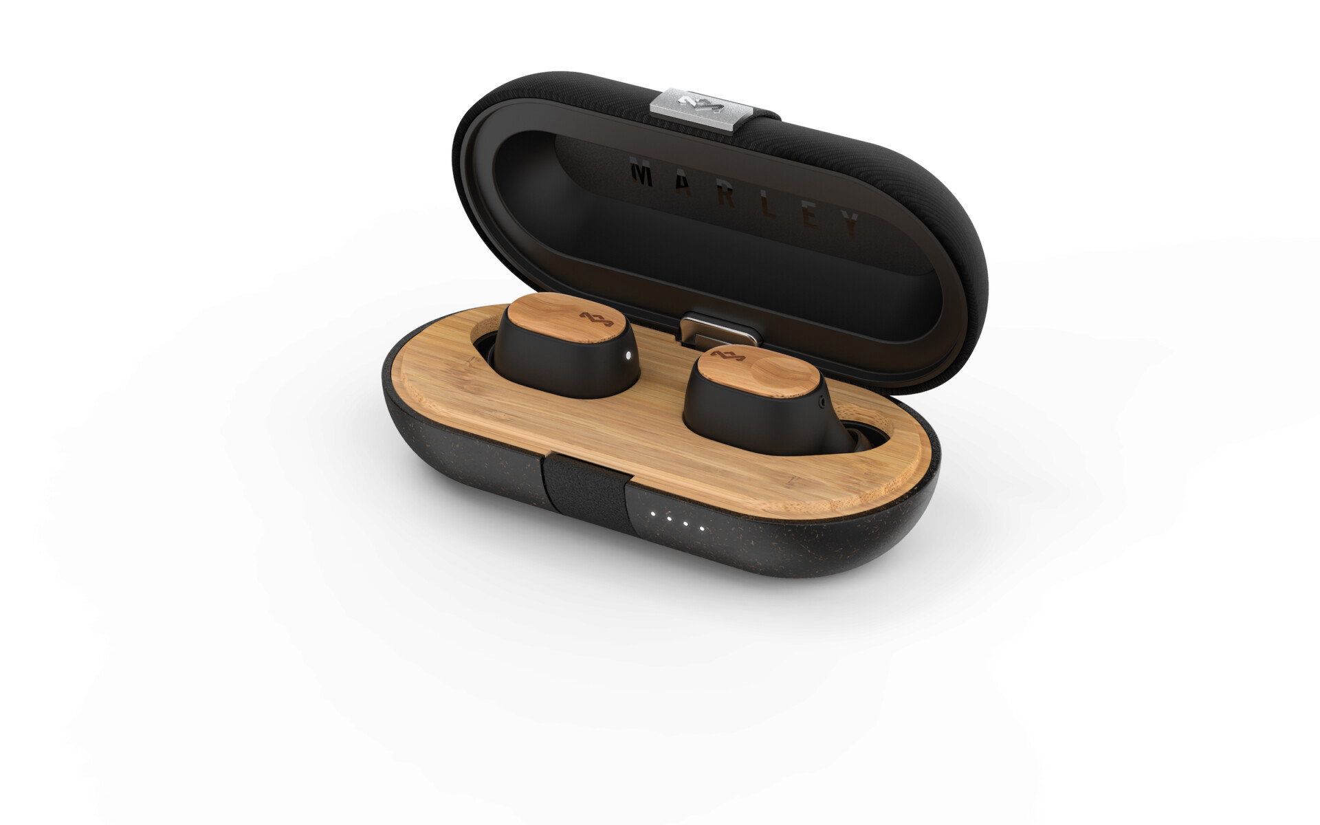 House of Marley Liberate Air true wireless earbuds in charging case on white background.