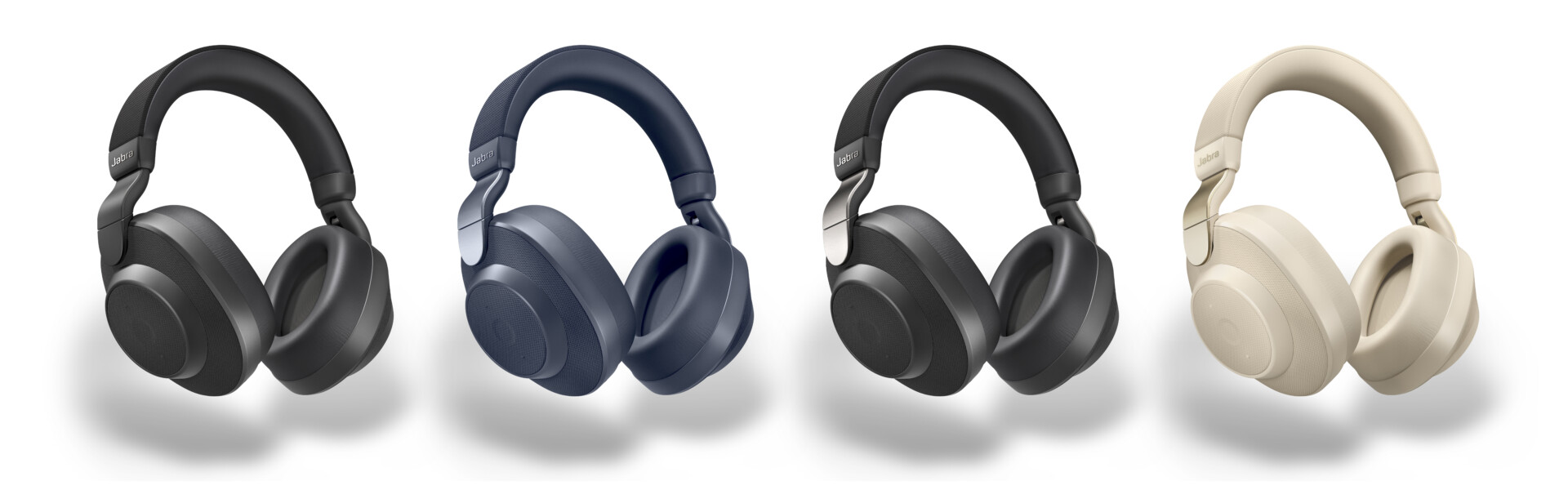 Jabra product image of the Elite 85h headphones in black, navy, titanium black, and beige.
