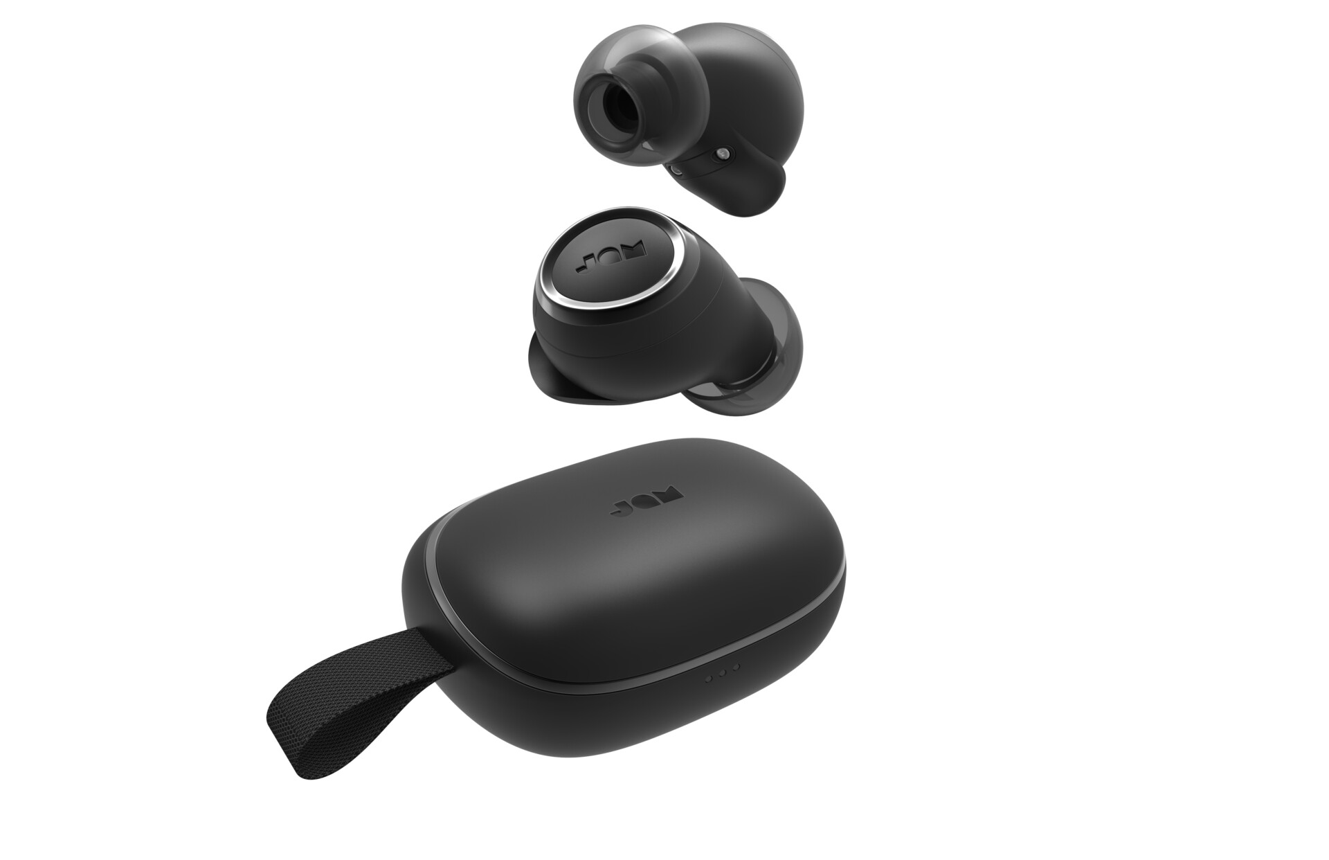 Jam Live Free true wireless earbuds in black on white background. The case is also pictured below the earbuds.