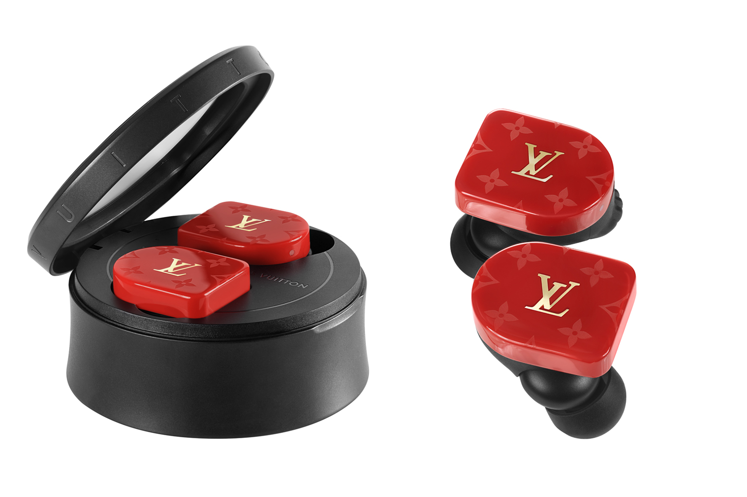 Master & Dynamic Louis Vuitton Horizon: Product image of the earbuds in red with cylindrical charging case on left side of image.