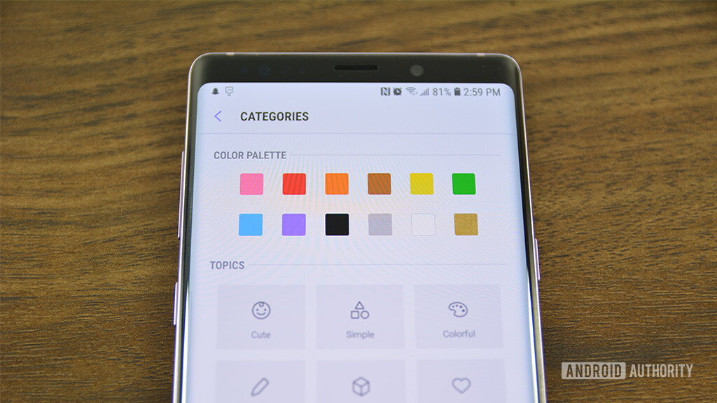 Samsung Theme Store categories example on a Galaxy Note 9.