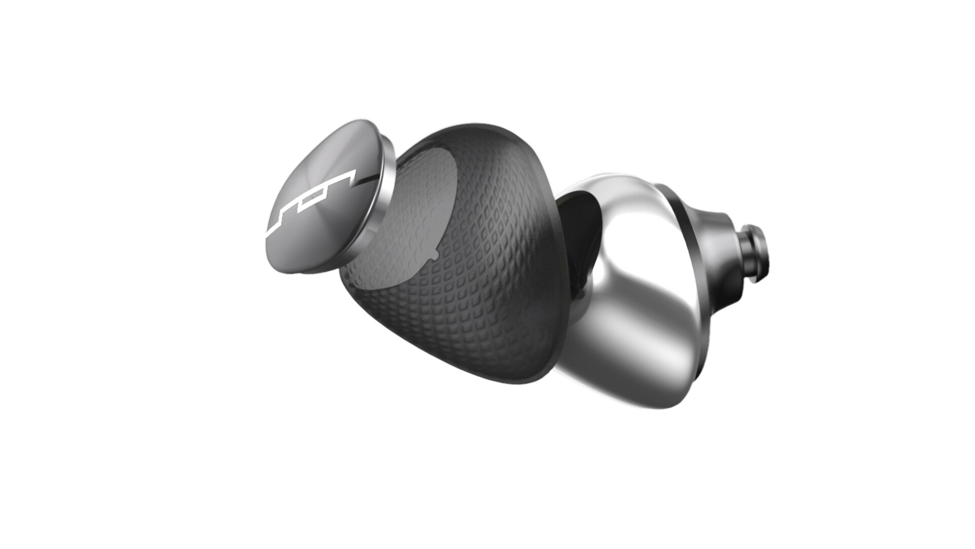 Sol Republic Amps Air + true wireless earbuds in black on gray background.