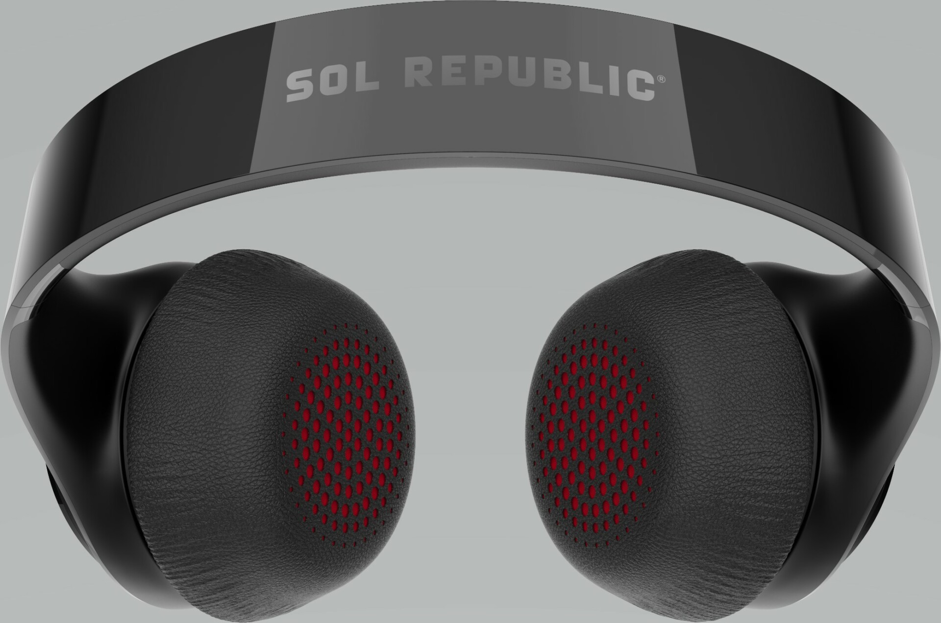 Sol Republic Soundtrack headphones in black on gray background.