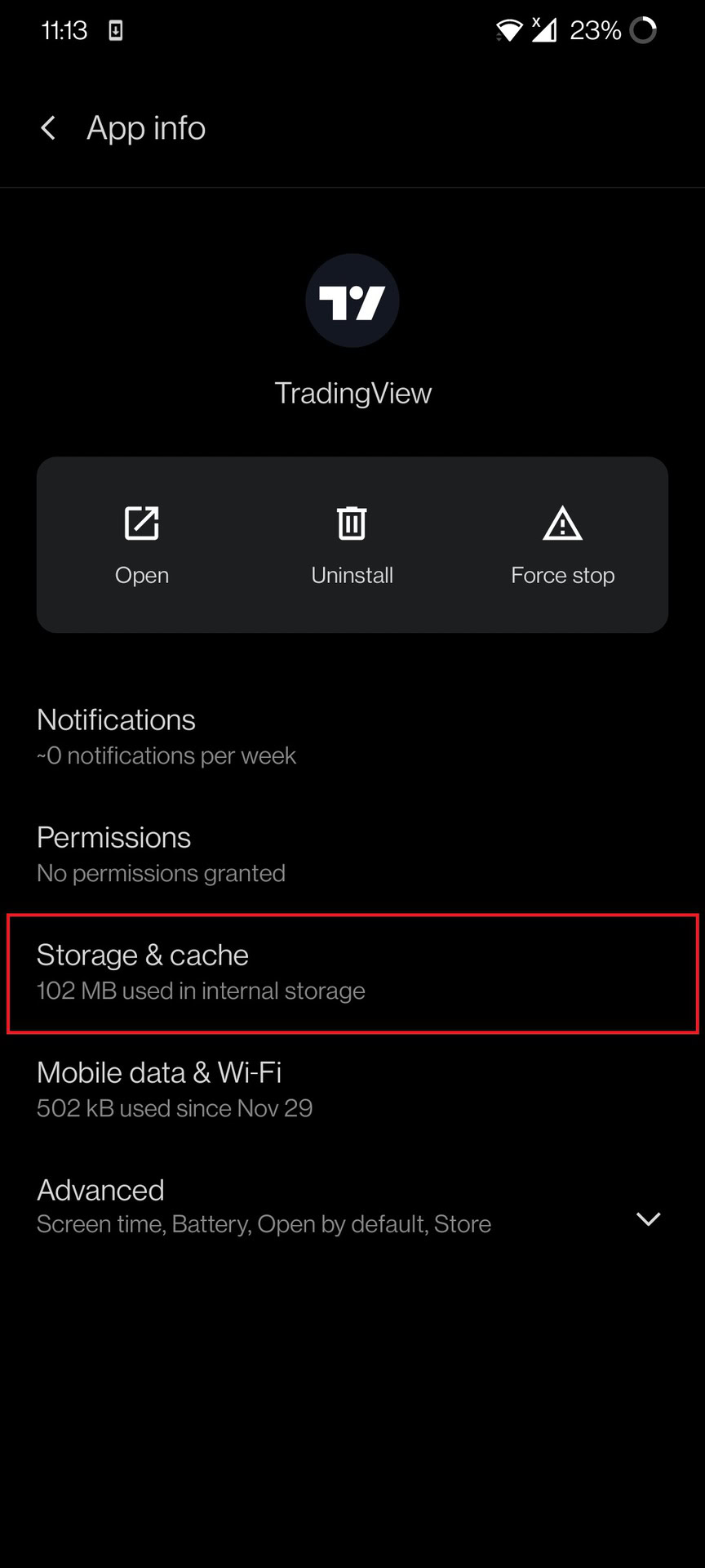 Storage and cache screenshot