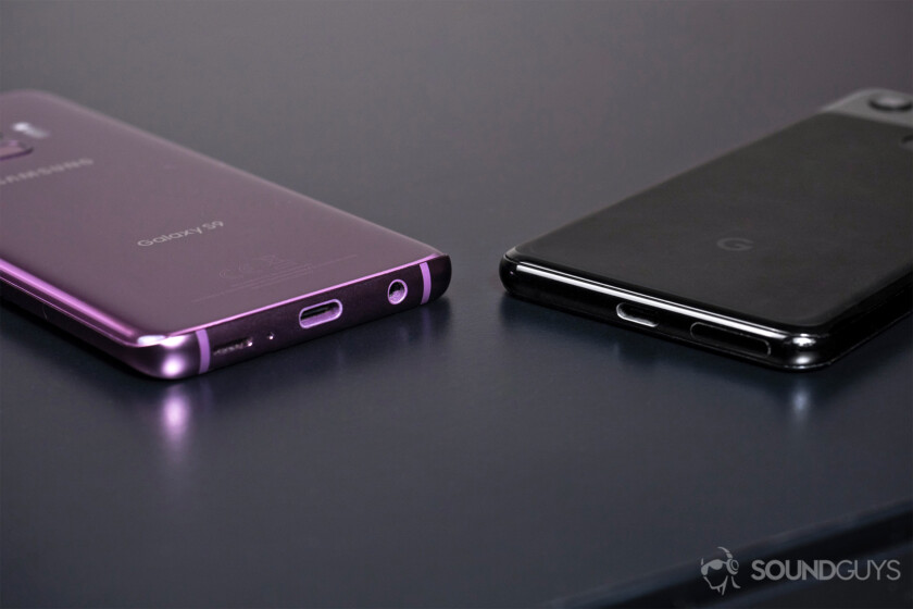 USB-C, headphone jack: Samsung S9 lilac and Google Pixel 3 with bases showing to reveal headphone jack and lack thereof.
