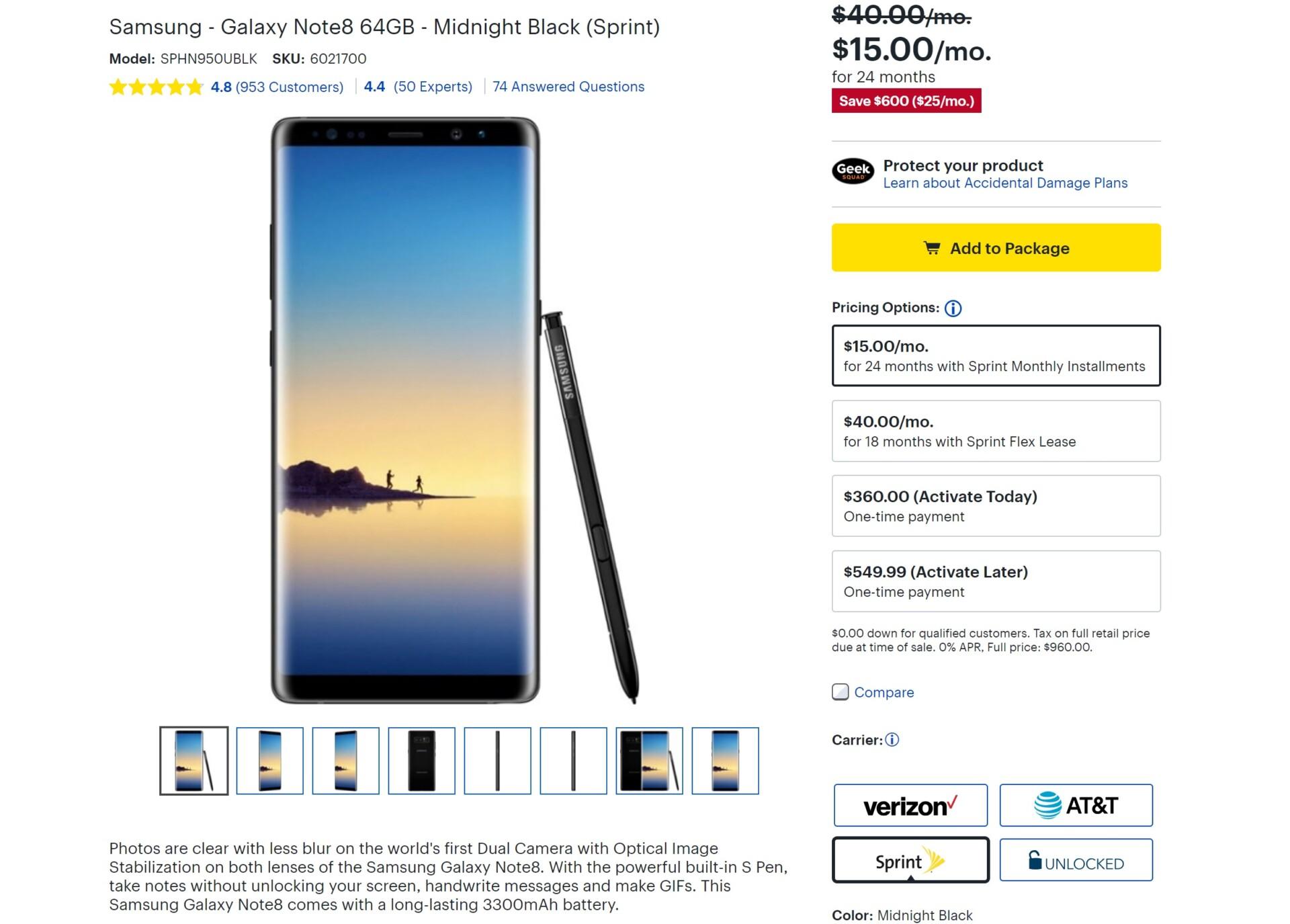 Galaxy Note 8 Best Buy store page.