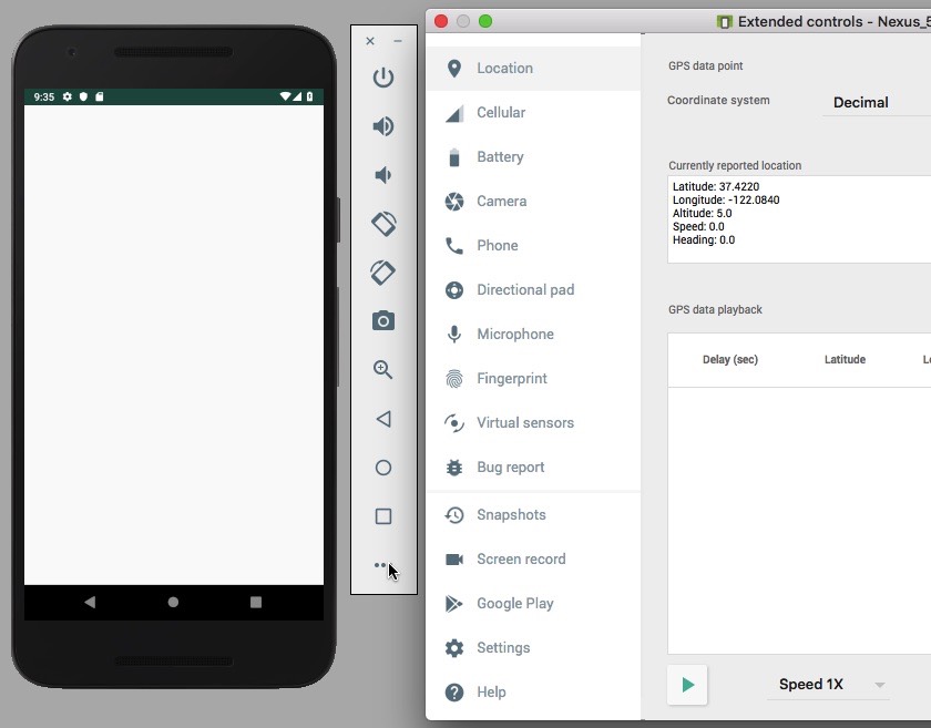 Extended controls and Testing the Android sensors with an emulator