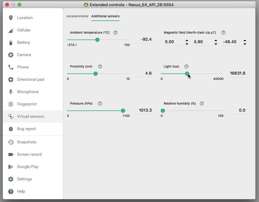 Extended controls for the Android Sensors in a virtual emulator