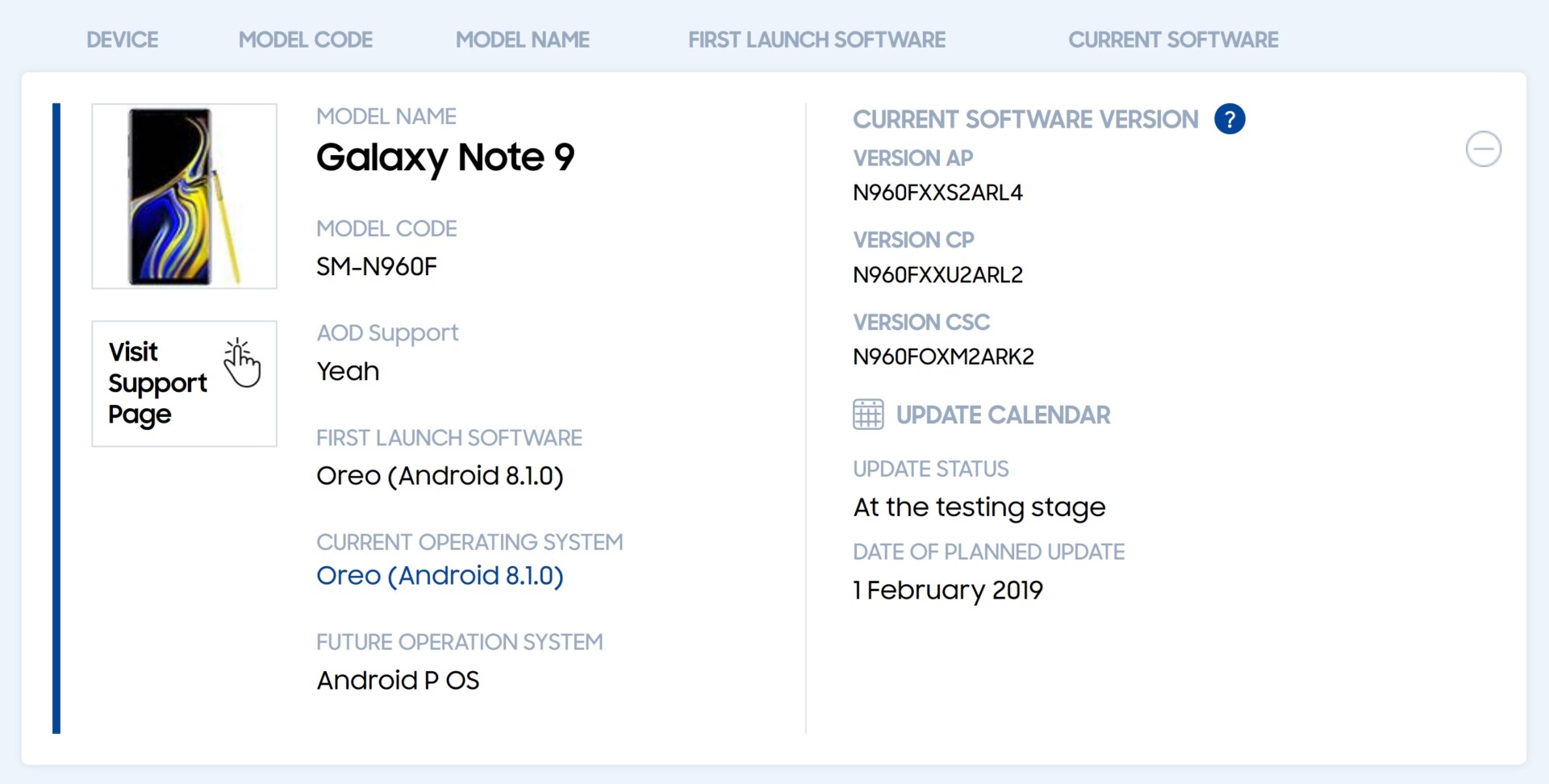 The Samsung Galaxy Note 9 update page from a Samsung affiliate website.