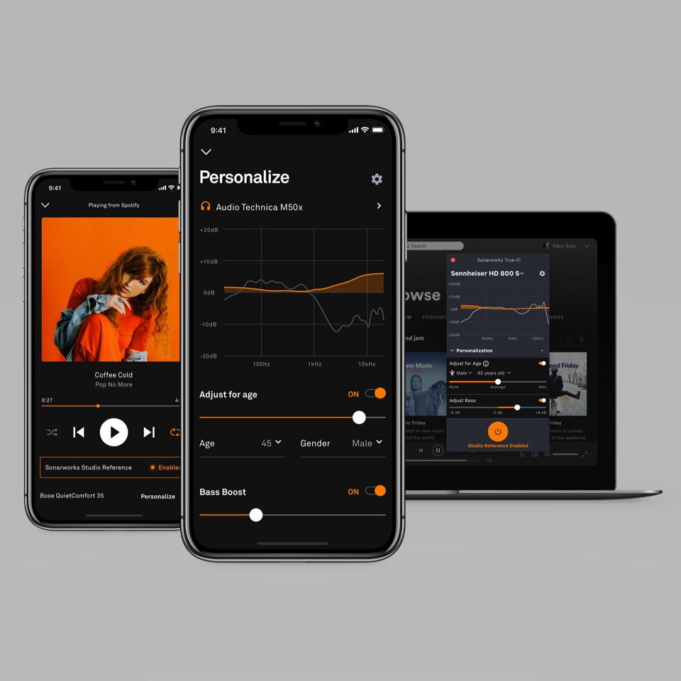 Sonarworks True-Fi mobile app shown on iPhone, Android, and desktop.