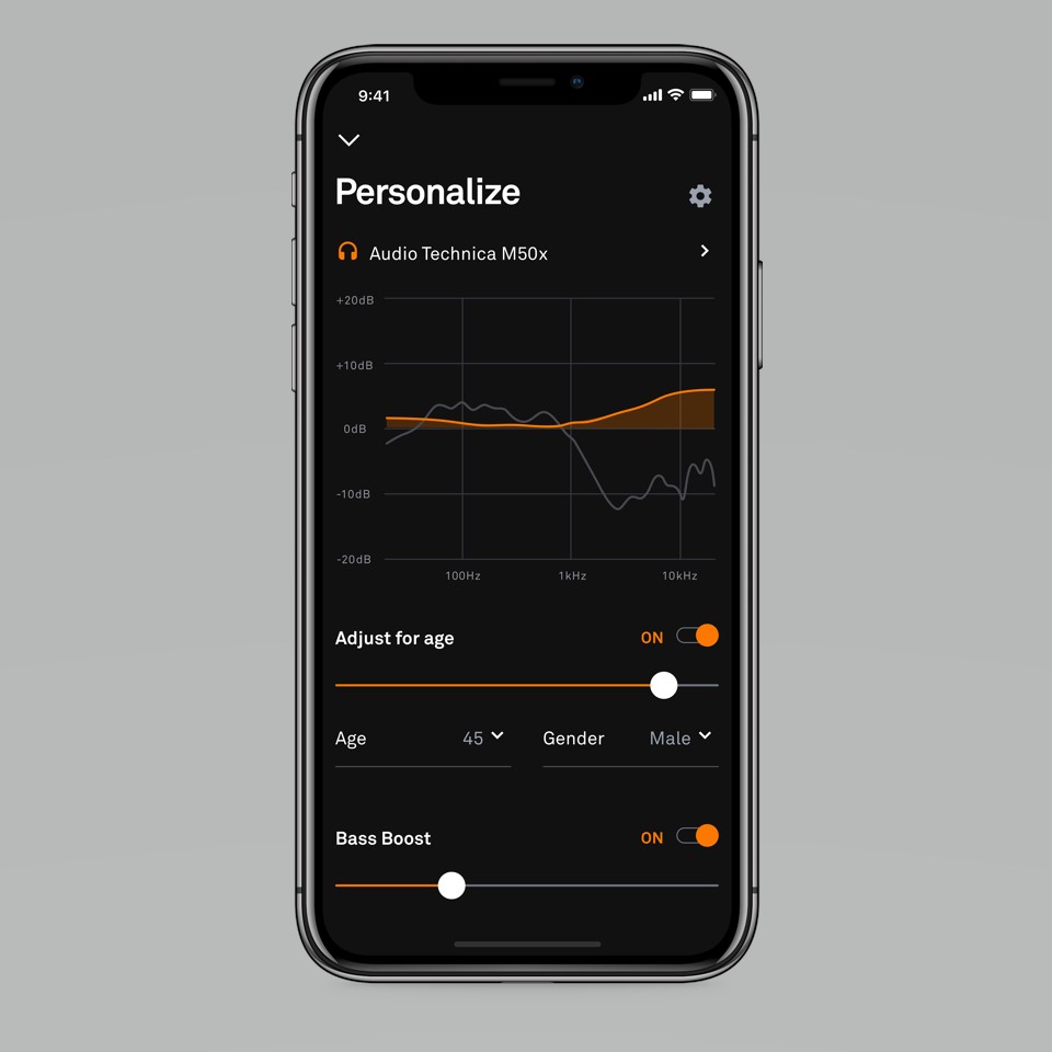 Sonarworks True-Fi mobile app on smartphone over gray background.