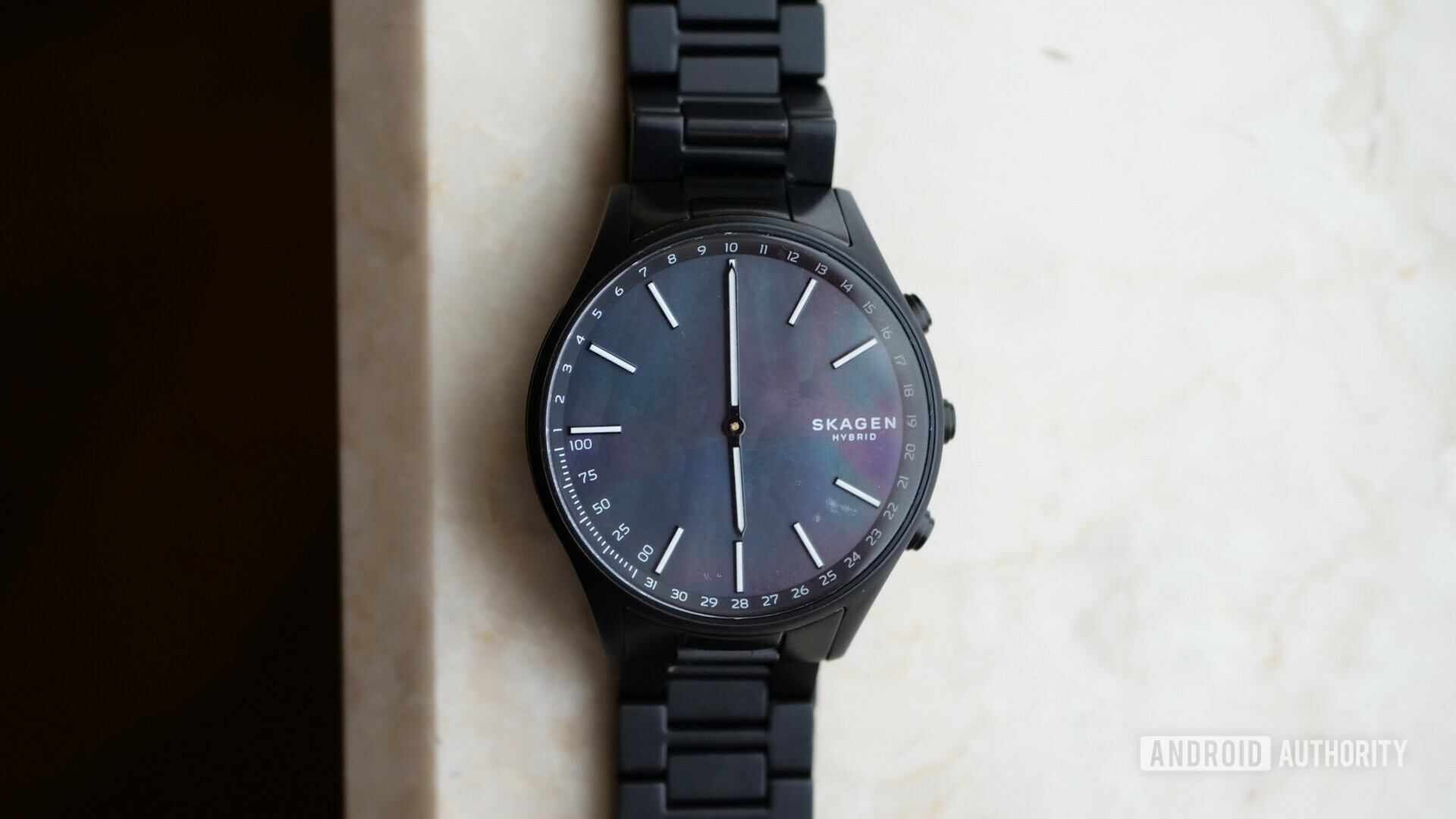 Black on black SKAGEN Holst hybrid watch at CES 2019
