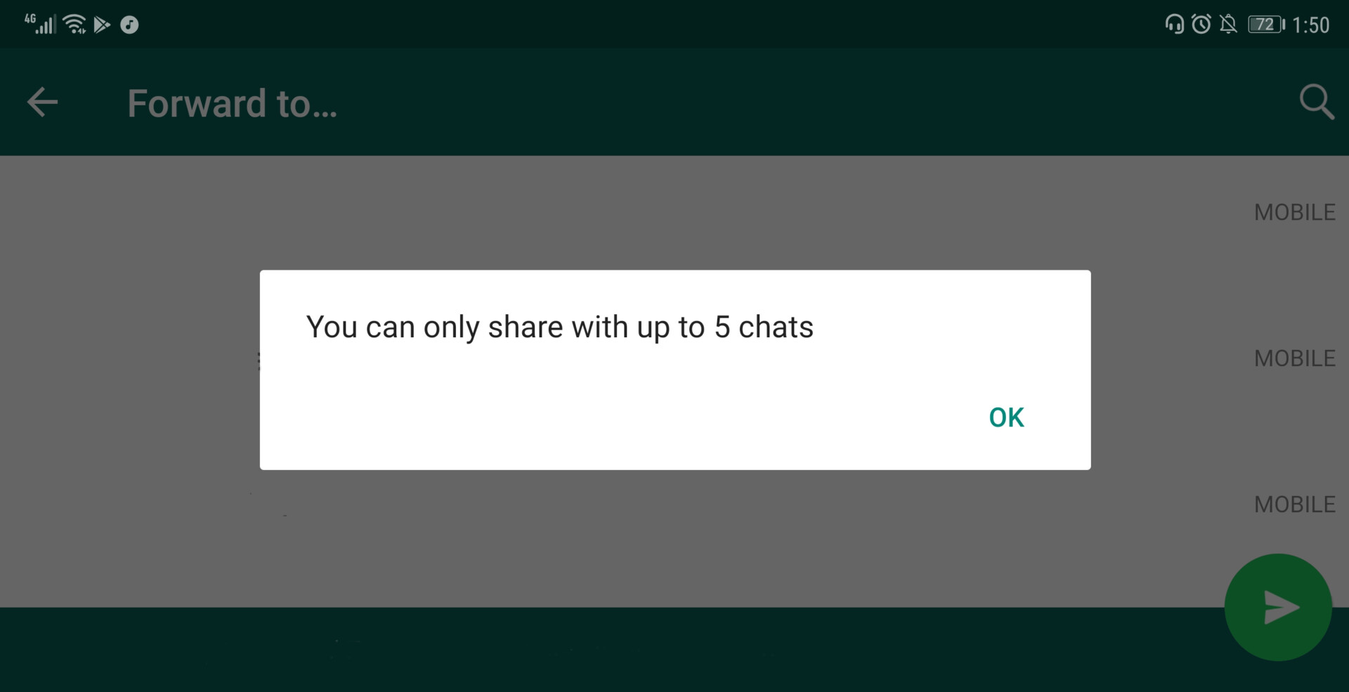 A screenshot of the WhatsApp forward limit in action.