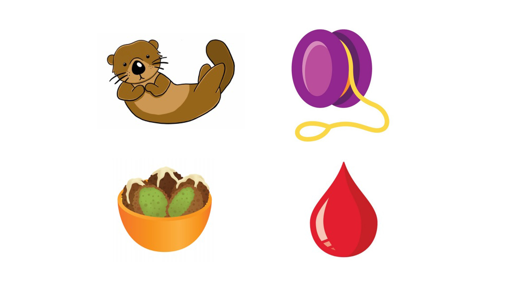 Four of the 2019 Emojis, including the Otter, the Yo-Yo, the Falafel, and the drop of blood.