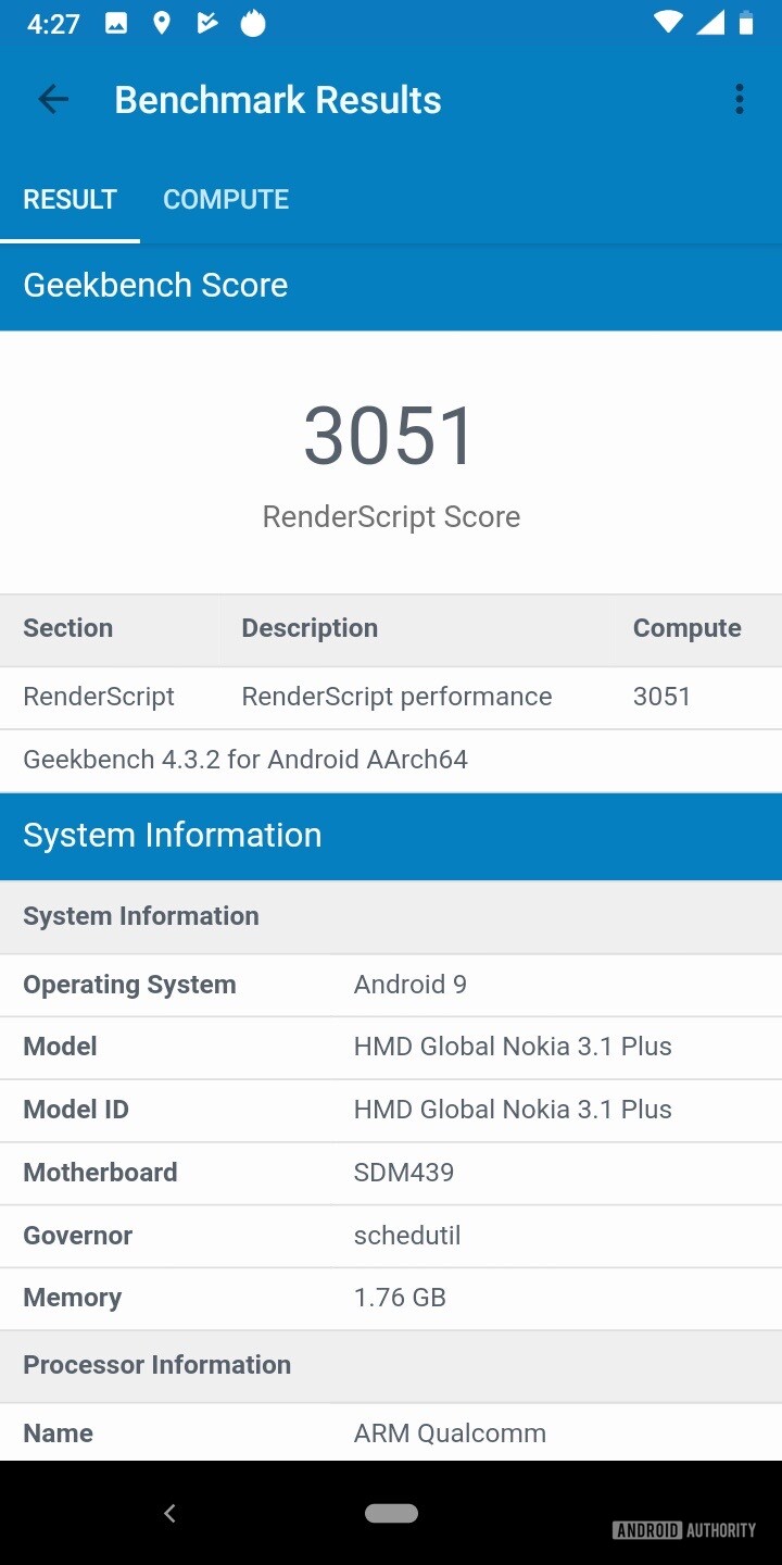Screenshot of the geekbenc benchmark results for the Nokia 3.1 Plus